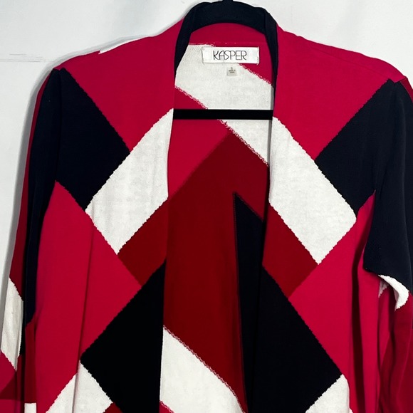 Kasper Womens Geometric Colorblock Open Front Cardigan Red Black White Small - Picture 3 of 9